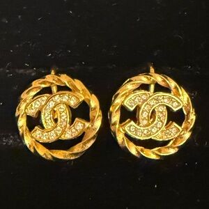 CHANEL Vintage Twisted Gold and Crystal Earrings
